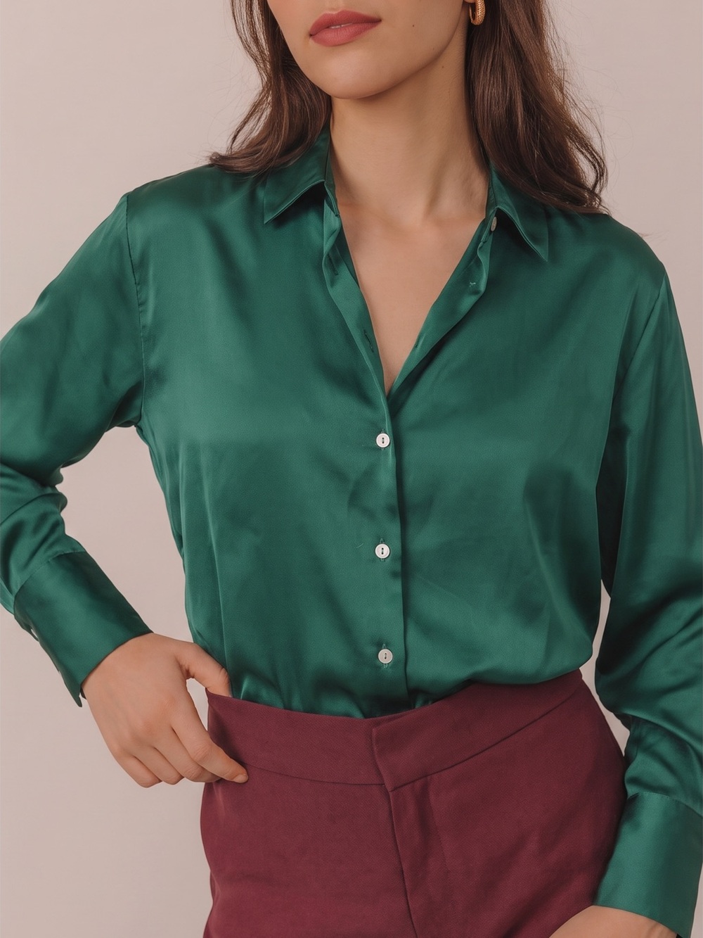 Zara Deep Green Satin Button-Down Blouse Shirt Size M